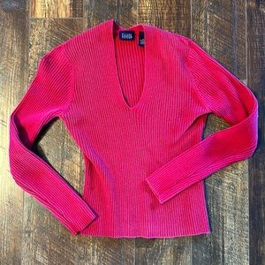 Red,ribbed, long sleeve, v neck sweater.  Vintage style